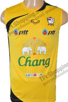 เสื้อบอลไทย เสื้อฟุตบอลไทย เสื้อซ้อมทีมชาติไทย เสื้อทีมชาติไทย แขนกุด 2012-2013 แกรนด์สปอร์ต สีเหลือง