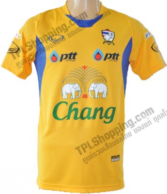 เสื้อบอลไทย เสื้อฟุตบอลไทย เสื้อทีมชาติไทย เสื้ออุ่นเครื่องทีมชาติไทย เสื้อแข่งทีมชาติไทย ปี 2012-2013 แกรนด์สปอร์ต (Grand Sport) ชุดเกมส์อุ่นเครือง สีเหลือง