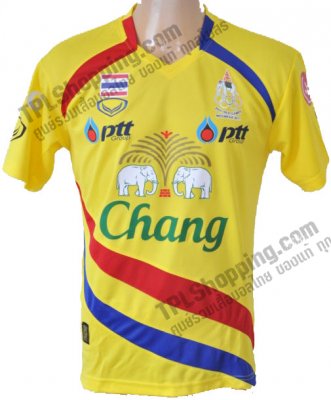 เสื้อบอลไทย เสื้อฟุตบอลไทย เสื้อซ้อมทีมชาติไทย เสื้อทีมชาติไทย ซีเกมส์ ครั้งที่ 26 ปี 2011 สีเหลือง สปอนเซอร์ครบ