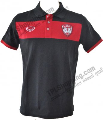 เสื้อบอลไทย เสื้อฟุตบอลไทย เสื้อโปโลเอสซีจี เมืองทอง Grand Sport ปี 2013-2014 สีดำคาดแดง 