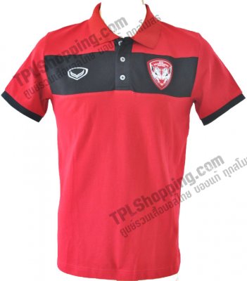 เสื้อบอลไทย เสื้อฟุตบอลไทย เสื้อโปโลเอสซีจี เมืองทอง Grand Sport ปี 2013-2014 สีแดงคาดดำ