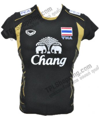 เสื้อบอลไทย เสื้อฟุตบอลไทย เสื้อวอลเล่ย์บอลหญิงทีมชาติไทย ปี 2013 สีดำ สปอนเซอร์ครบ พร้อมเฟล็ก PEA
