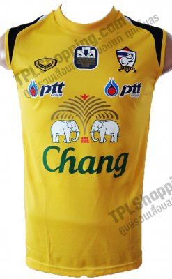 เสื้อบอลไทย เสื้อฟุตบอลไทย เสื้อซ้อมทีมชาติไทยแขนกุด 2013-2014 สีเหลือง
