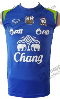 เสื้อบอลไทย เสื้อฟุตบอลไทย เสื้อซ้อมทีมชาติไทยแขนกุด 2013-2014 สีน้ำเงิน