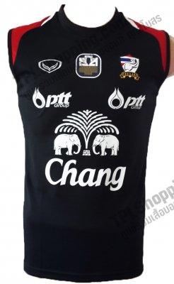 เสื้อบอลไทย เสื้อฟุตบอลไทย เสื้อซ้อมทีมชาติไทยแขนกุด 2013-2014 สีดำ