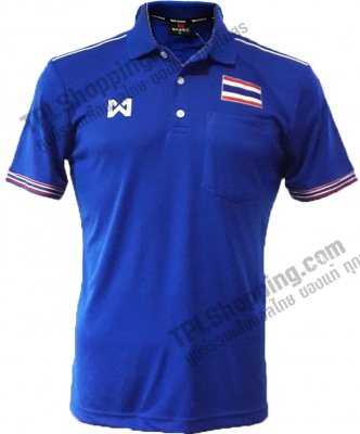เสื้อบอลไทย เสื้อฟุตบอลไทย เสื้อโปโลเชียร์ทีมชาติไทย Warrix 2016 สีน้ำเงิน (เพิ่มธงชาติ) แบบมีกระเป๋า รุ่น PW03