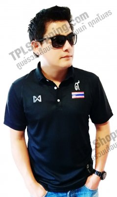 เสื้อบอลไทย เสื้อฟุตบอลไทย เสื้อเชียร์ทีมชาติไทย Warrix 2016 สีดำ (เพิ่มธงชาติ+เฟล็กส์เลข ๙ สีเงินสะท้อนแสง) รุ่น PWB02