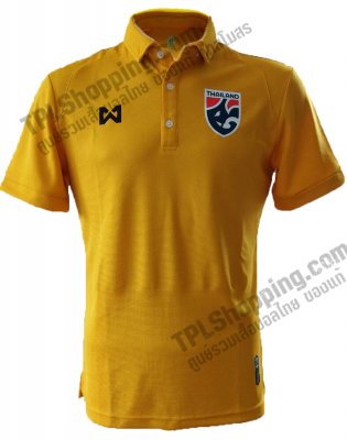 เสื้อบอลไทย เสื้อฟุตบอลไทย เสื้อโปโลเชียร์ทีมชาติไทย Warrix 2018 สีเหลืองทอง โลโก้ทีมชาติแบบใหม่ แบบทรานเฟอร์