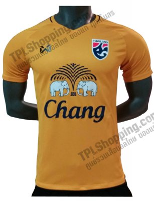 เสื้อบอลไทย เสื้อฟุตบอลไทย เสื้อเชียร์ทีมชาติไทย Warrix 2018 สีเหลือง ติดสปอนเซอร์ช้าง