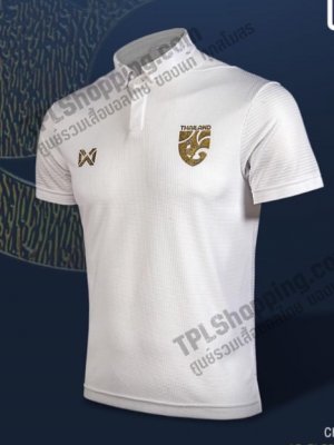 เสื้อบอลไทย เสื้อฟุตบอลไทย เสื้อโปโลทีมชาติไทย Warrix ปี 2020 สี ขาว-ทอง  เฟล็กโลโก้ 3D