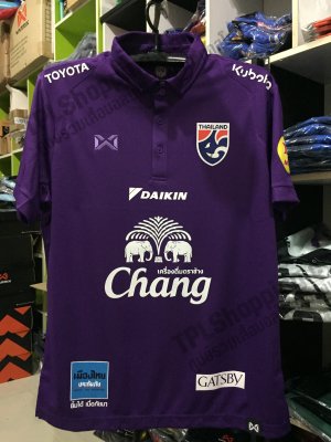 เสื้อบอลไทย เสื้อฟุตบอลไทย เสื้อโปโลทีมชาติ Full Sponsor 2021 สีม่วง