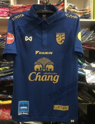 เสื้อบอลไทย เสื้อฟุตบอลไทย เสื้อโปโลทีมชาติ Full Sponsor 2021 สีน้ำเงินทีมชาติ