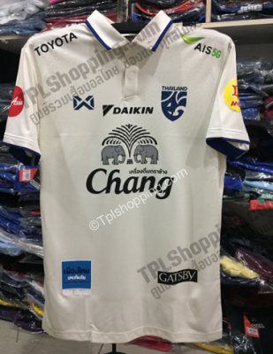 เสื้อบอลไทย เสื้อฟุตบอลไทย เสื้อเชียร์ทีมชาติไทย2022 รุ่นคอปก สีขาว พร้อมชุดสปอนเซอร์ หน้า-หลัง 