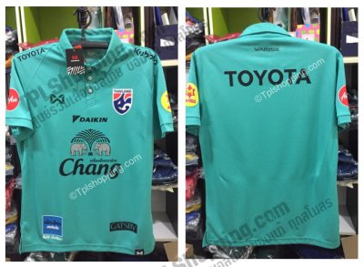 เสื้อบอลไทย เสื้อฟุตบอลไทย เสื้อโปโลทีมชาติไทย รุ่น PW-2201 สีเขียวเทอควอยซ์ พร้อมชุดสปอนเซอร์หน้า -หลัง