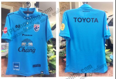 เสื้อบอลไทย เสื้อฟุตบอลไทย เสื้อโปโลทีมชาติ Full Sponsor 2022 สีฟ้าเข้ม