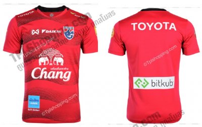 เสื้อบอลไทย เสื้อฟุตบอลไทย เสื้อซ้อมทีมชาติไทย 2022/2023 รุ่น Changsuek Wave Full Sponser เกรดแฟนบอล สีแดง 