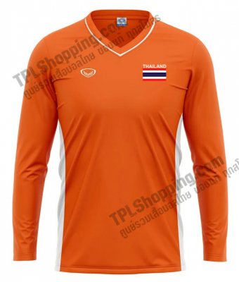 เสื้อบอลไทย เสื้อฟุตบอลไทย เสื้อเชียร์ทีมชาติไทย แขนยาว ยี่ห้อ แกรนด์สปอร์ต 2023 สีส้ม 
